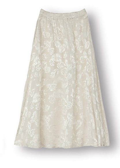 Loose White Print Elastic Waist Satin a Line Skirt Fall