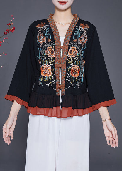 Black Embroideried Patchwork Ruffles Blouses Fall