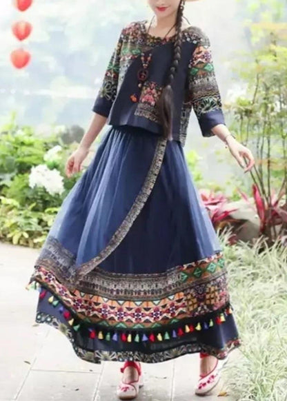Blue O-neck Print Top Ang Skirts Two Piece Set Fall