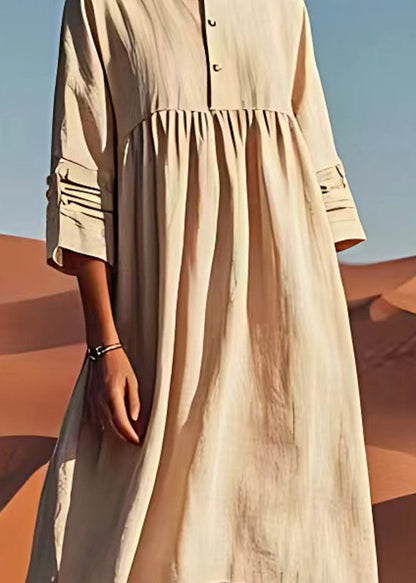 Unique Beige O Neck Wrinkled Linen Dress Summer
