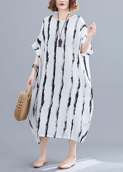Fitted White O-neck Striped Summer Robe Dresses