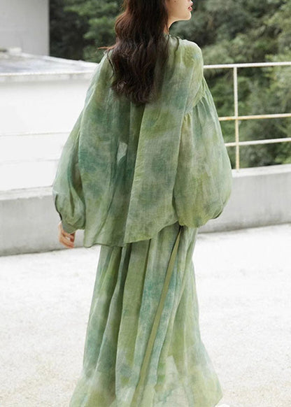 Loose Grass Green O-neck Tie Dye Button Shirts and Skirts Two Piece Set Long Sleeve