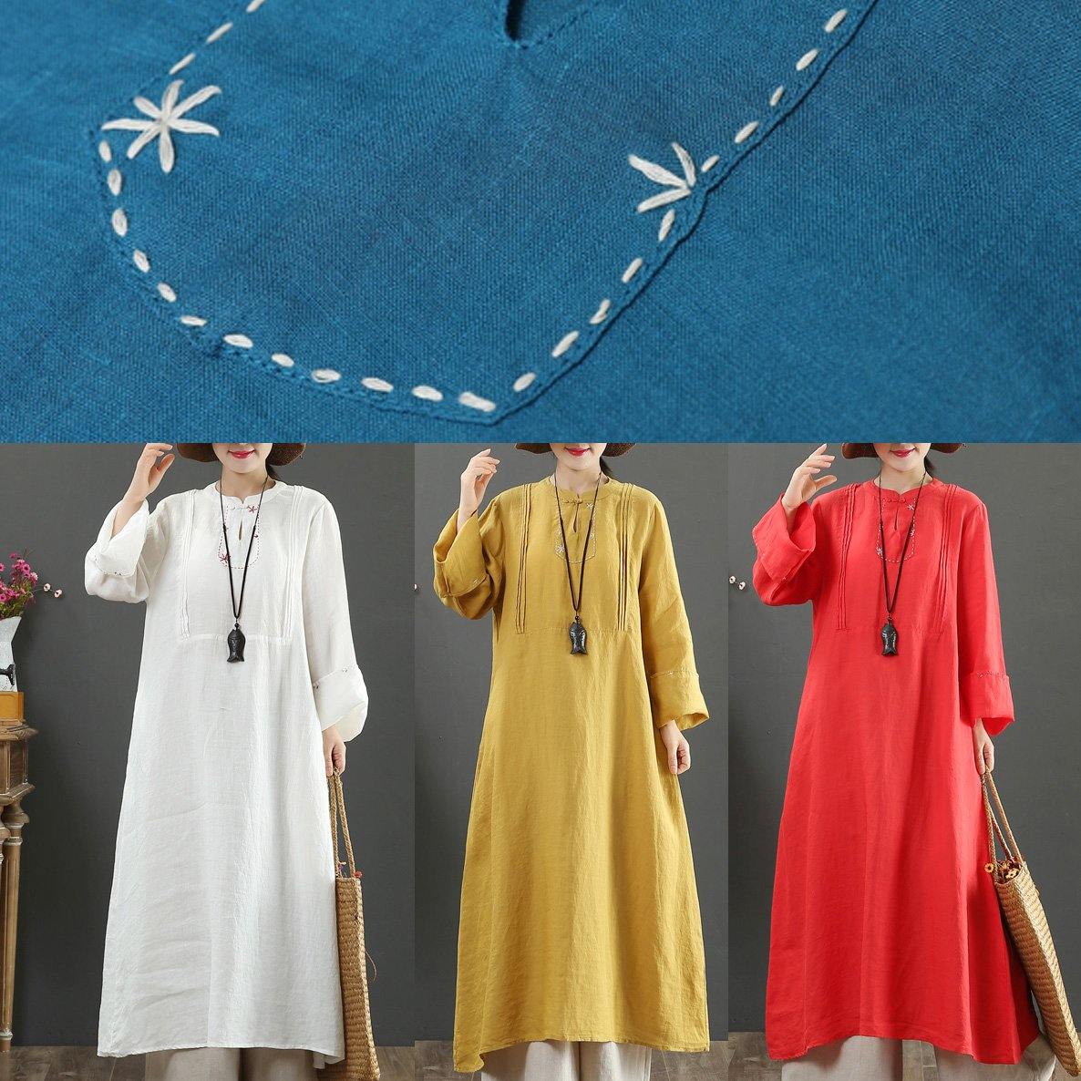 Yellow Quilting Clothes Stand Collar Pockets Long Spring Dress