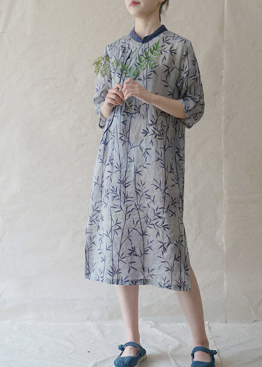 Blue Stand Collar Side Open Print Patchwork Linen Dresses Three Quarter Sleeve