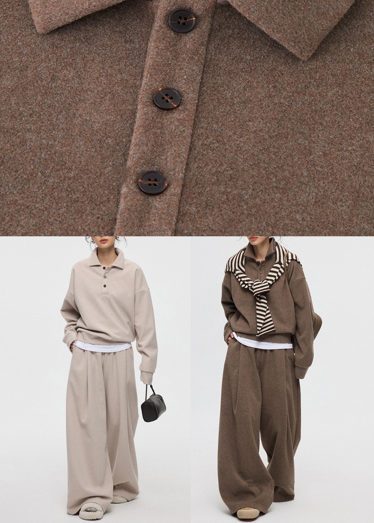 Coffee Peter Pan Collar Button Cashmere Two Piece Set Winter