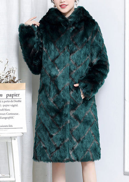 Green Hooded Plaid Faux Fur Coats Winter