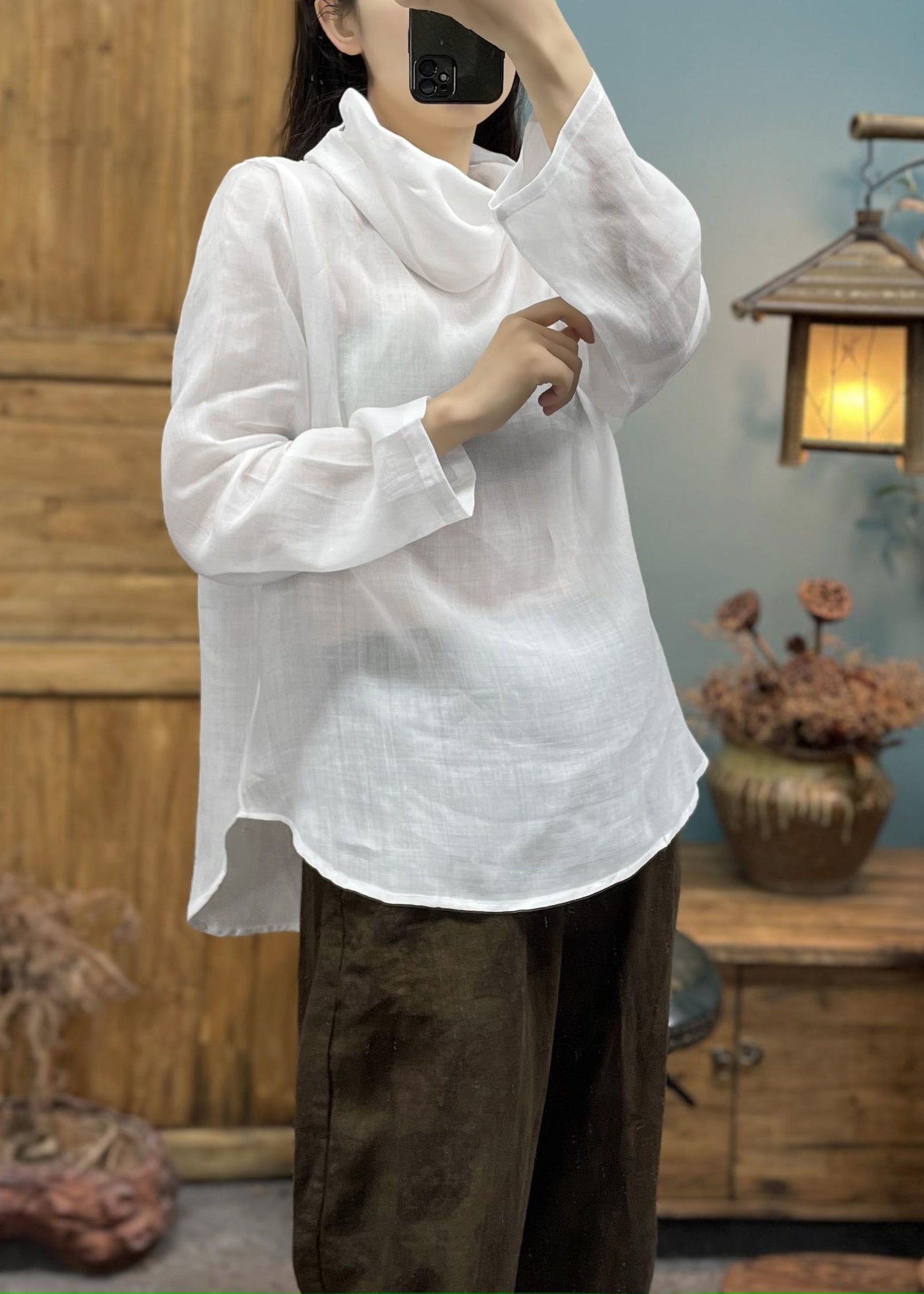 Loose Coffee Turtle Neck Linen Top Long Sleeve