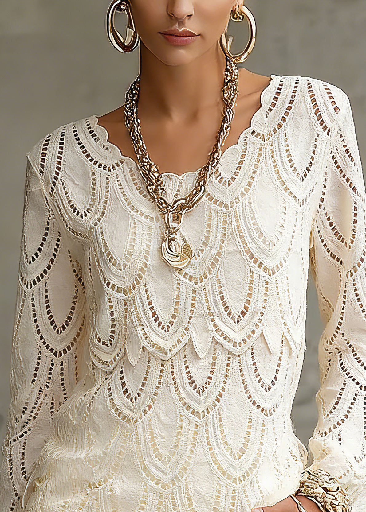 Novelty Beige Hollow Out Lace Tops Spring