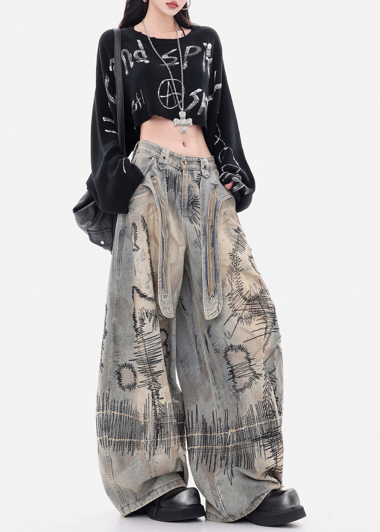 Grey Embroidered Denim Wide Leg Pants Spring