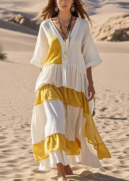 Stylish White Asymmetrical Patchwork Cotton Holiday Dress Bracelet Sleeve Summer