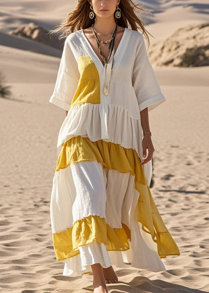 Stylish White Asymmetrical Patchwork Cotton Holiday Dress Bracelet Sleeve Summer