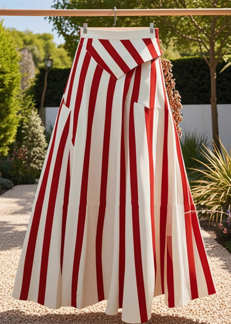 Stylish Red Asymmetrical Striped High Waist Cotton Skirt Summer