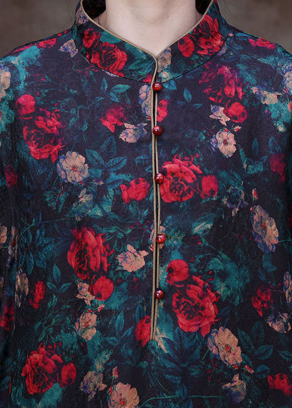 Black Stand Collar Print Side Open Silk Long Dresses Long Sleeve