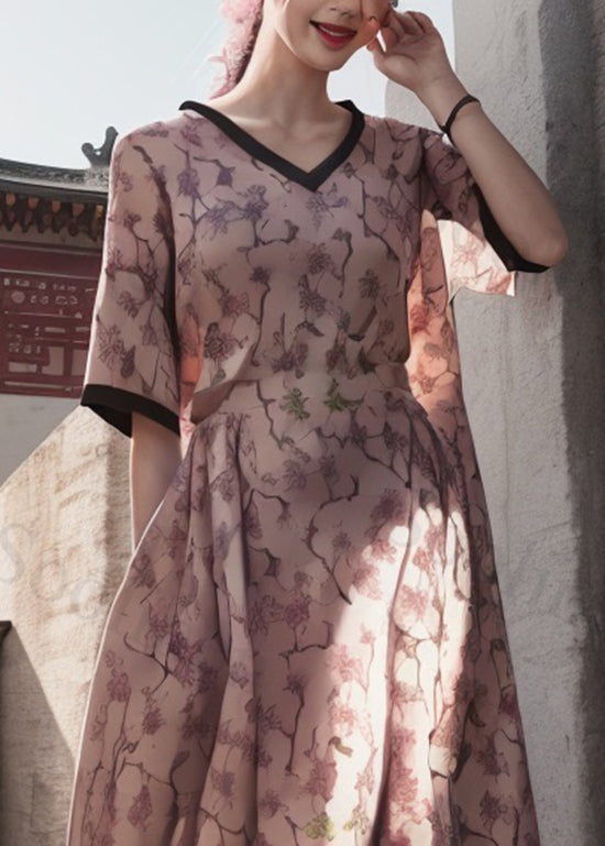 Pink V Neck Print Wrinkled Silk Dress Summer
