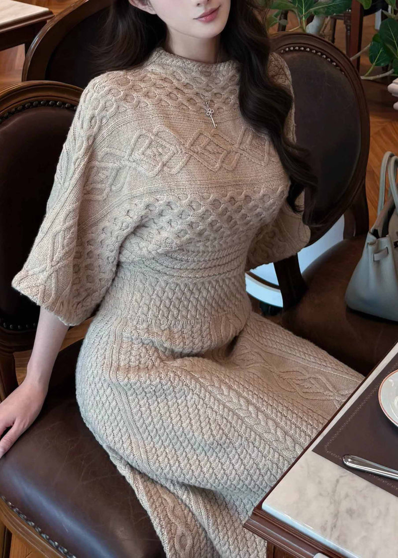 Unique Khaki O-neck Slim Fit Knit Long Dresses Spring