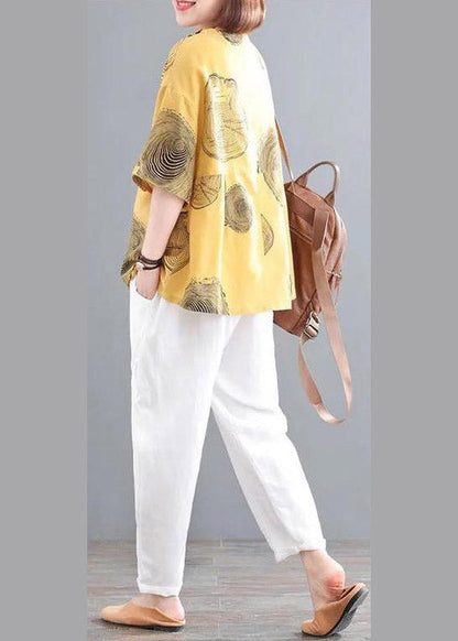 Retro Yellow O-neck Print Top and Crop Pants Two Pieces Set Summer