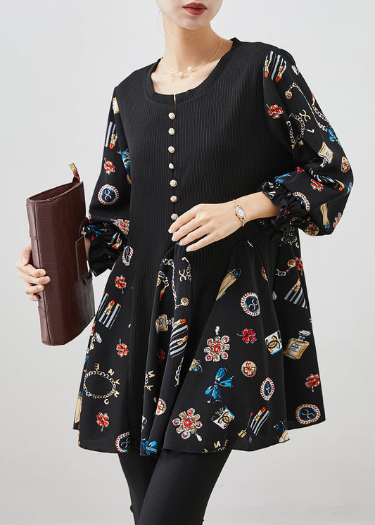Black Print Patchwork Cotton Mini Dress Fall
