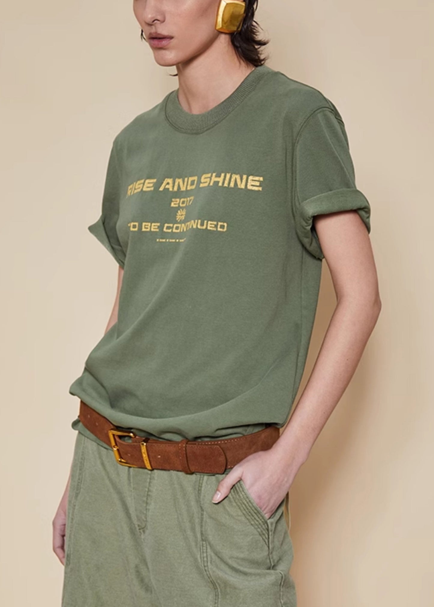 Green O Neck Letter Cotton T Shirt Summer