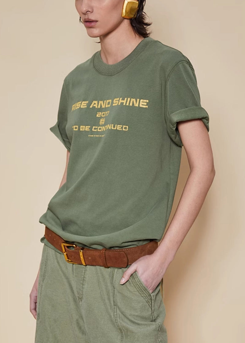 Green O Neck Letter Cotton T Shirt Summer