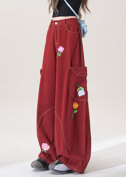 Stylish Red Pockets Denim Wide Leg Pants Fall