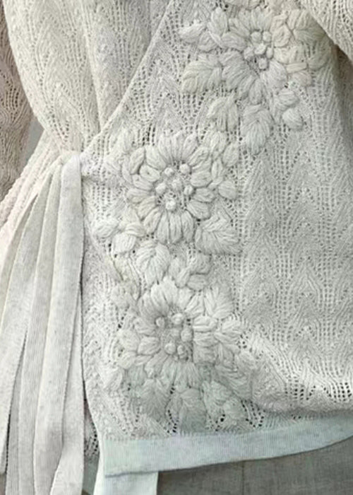 White Lace Up Hollow Out Patchwork Knit Top Fall