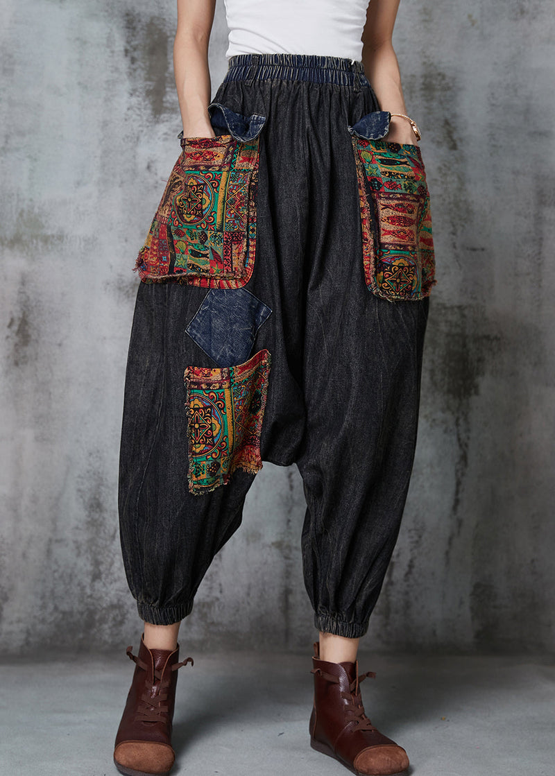 Black Oversized Patchwork Denim Harem Pants Spring