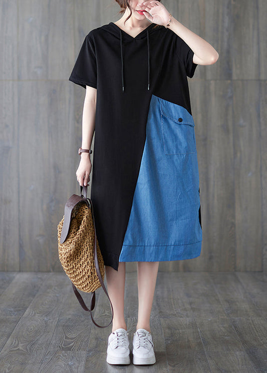 Blue Black Hooded Drawstring Patchwork Dress Short Sleeve Summer
