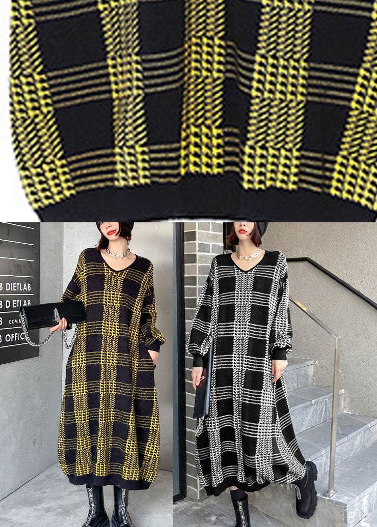 Italian Yellow Plaid V Neck Fall Knit Dress