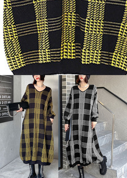White Plaid Fall Knitted Dress