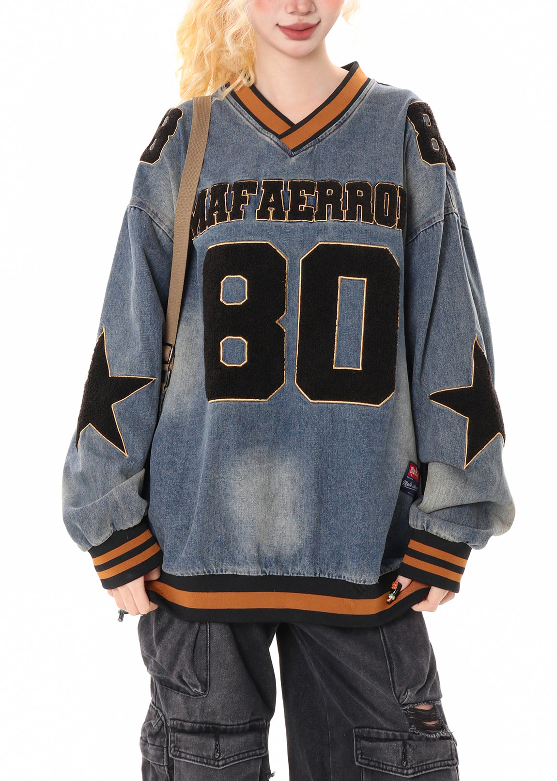 Stylish Blue Oversized Letter Applique Denim Sweatshirts Top Spring