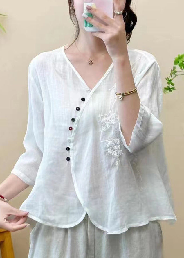 White Embroideried Linen Blouse Top Half Sleeve