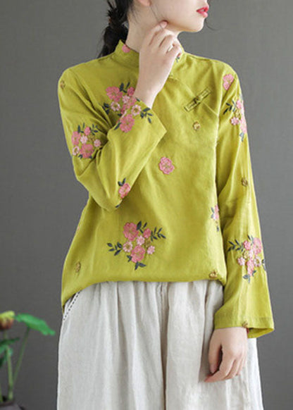Fitted Yellow Mandarin Collar Embroideried Linen Blouse Top Long Sleeve
