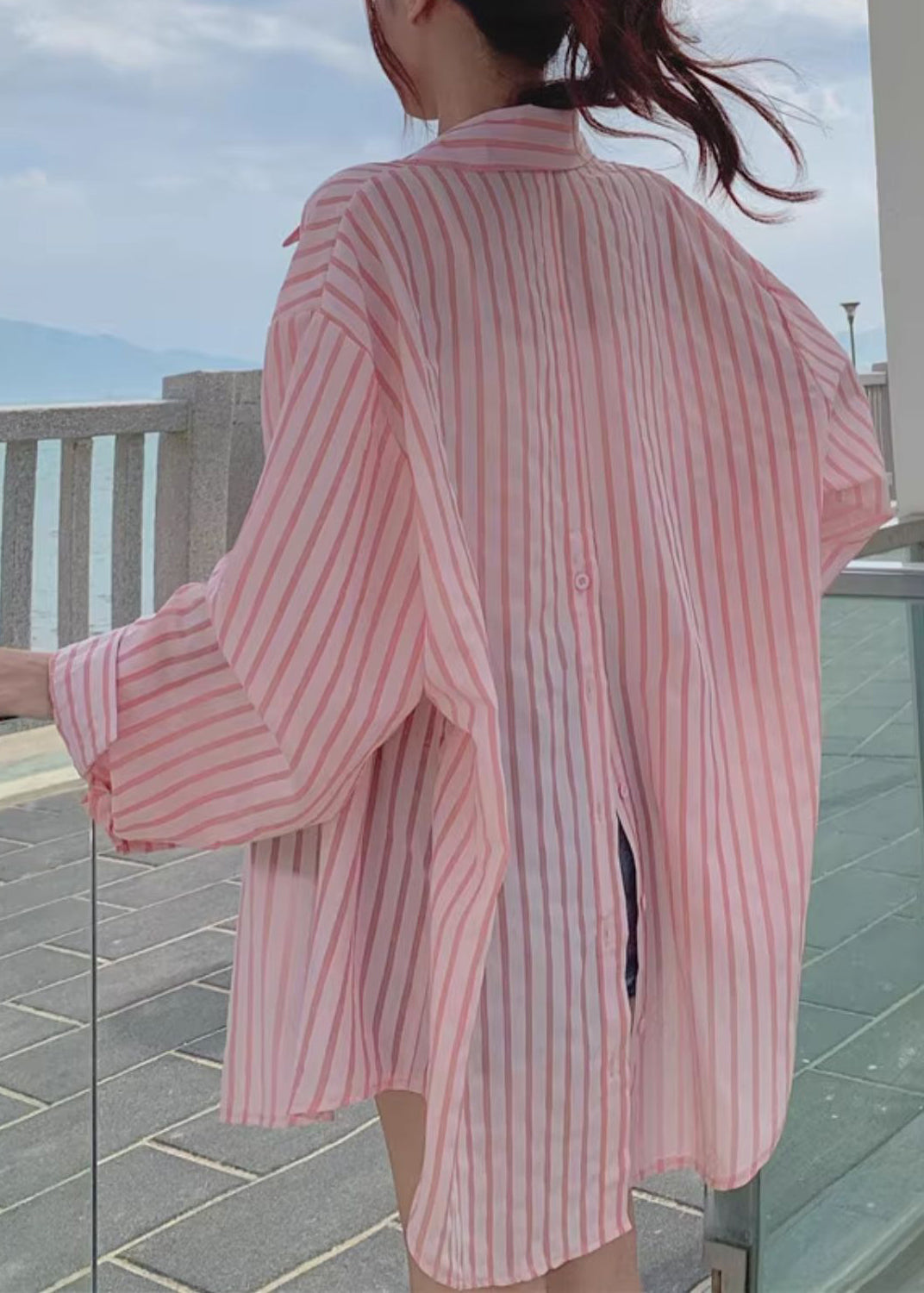 Loose Pink Button Pockets Cotton Blouses Long Sleeve