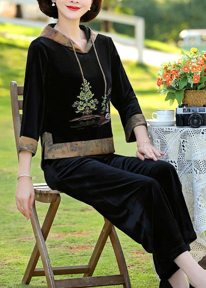 Black Print Patchwork Hooded Silk Velour Top and Wide Leg Pants Two Pieces Set Fall