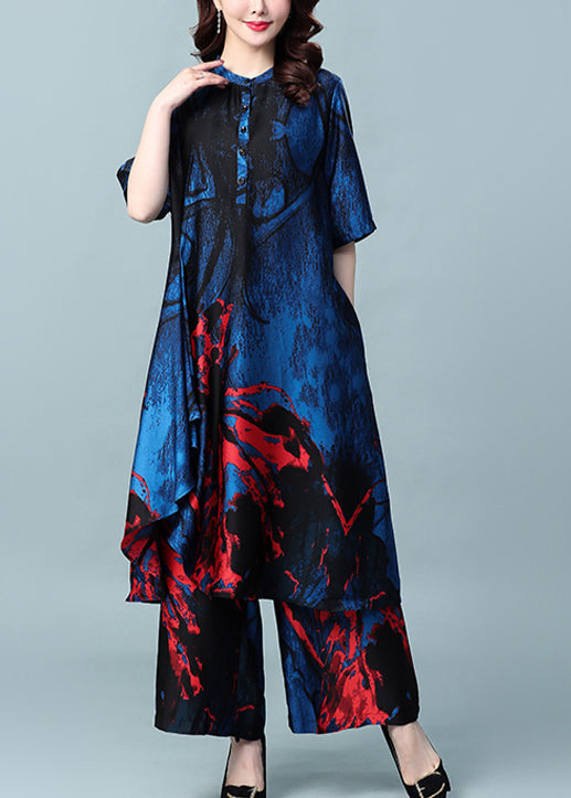 Blue Print Silk Dress and Wide Leg Pants Two Piece Set Outfits Stand Collar Button Summer