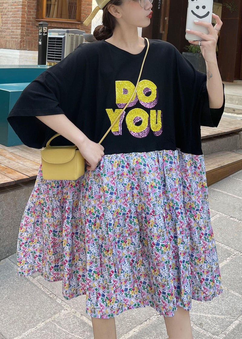 Black O-neck Patchwork Summer Half Sleeve Dresses