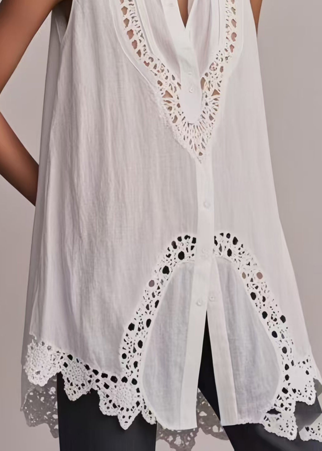 White Hollow Out Cotton Long Vest Sleeveless