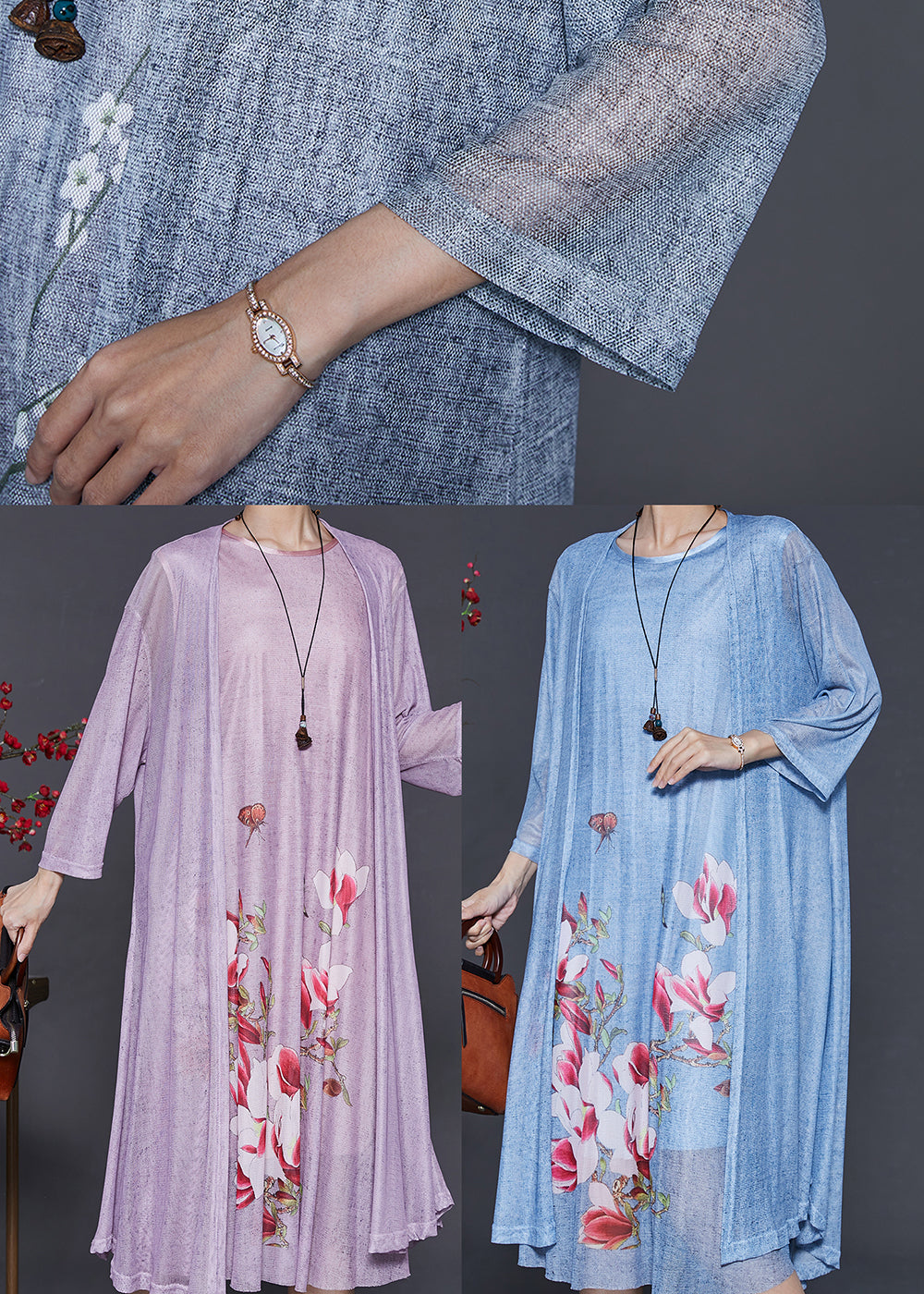 Grey Oversized Print Chiffon Two Pieces Set Summer