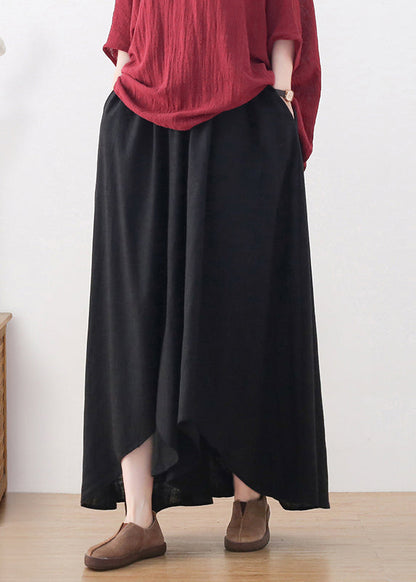 Black Elastic Waist Pockets Linen Wide Leg Pants Skirt Fall