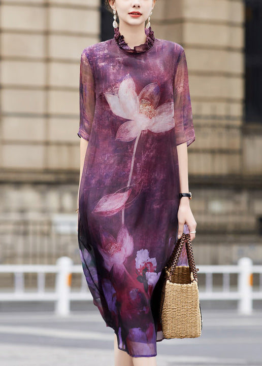 Purple Ruffled Lotus Print Patchwork Silk Dress Summer