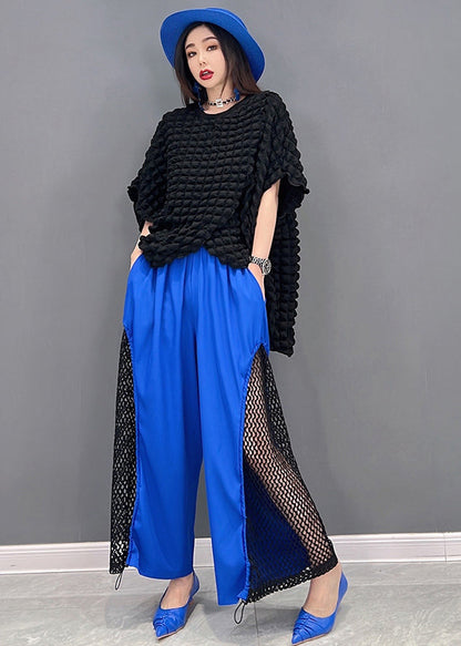 Blue Patchwork Tulle Top and Crop Pant Two Piece Set Clothing Drawstring Summer