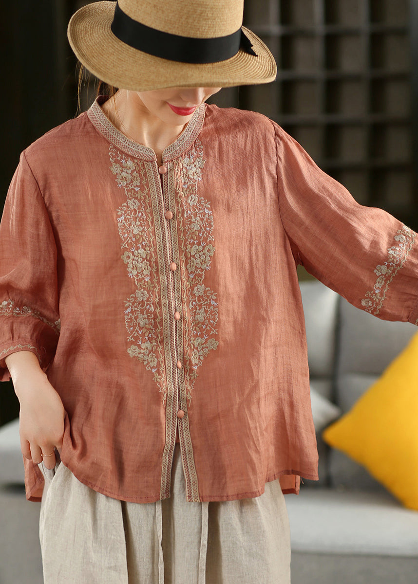 Orange O-neck Embroidered Linen Shirt Summer