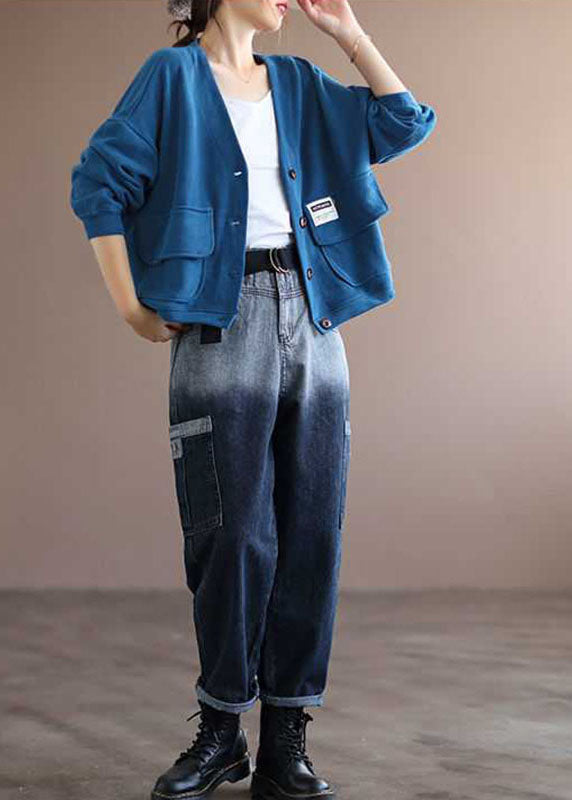 Art Blue V Neck Pockets Button Fall Long Sleeve Coat