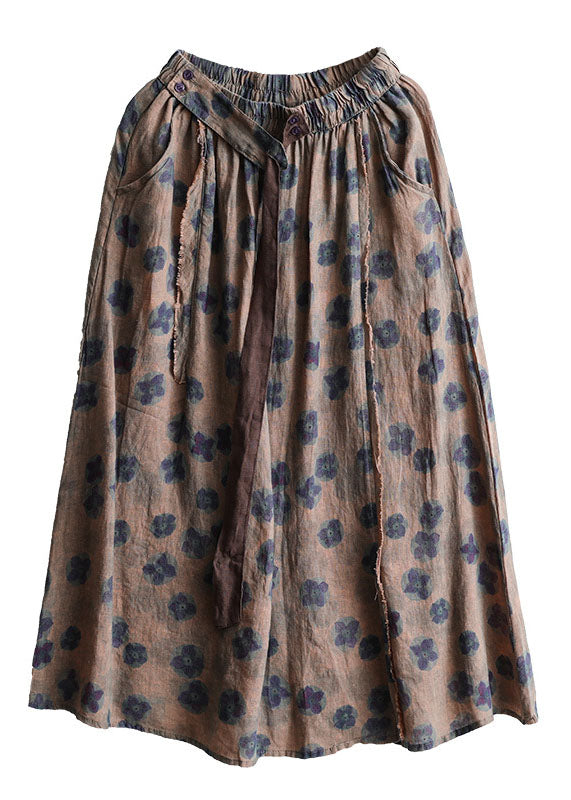 Khaki Elastic Waist Print Linen Skirts Summer
