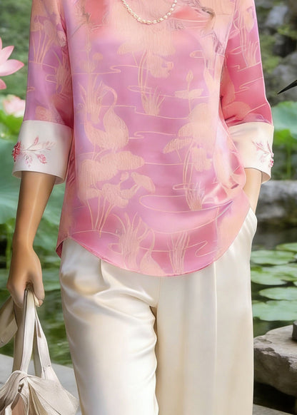 Chinese Style Pink O-neck Print Silk T Shirt Three Quarter Sleeve