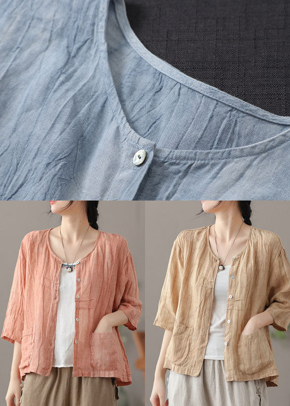 Pink Wrinkled Button Linen Shirts Bracelet Sleeve