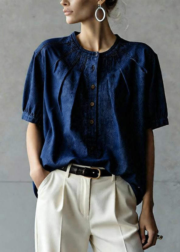 Navy O Neck Button Wrinkled Denim Top Summer