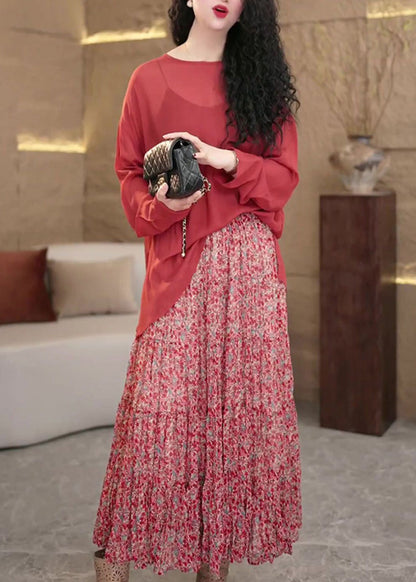 Red Print Tops and Spaghetti Strap Dress Cotton Two Pieces Set Long Sleeve