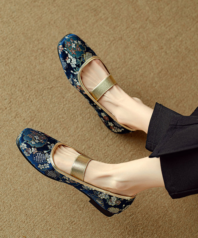 Chinese Style Blue Embroidered Splicing Flat Shoes for