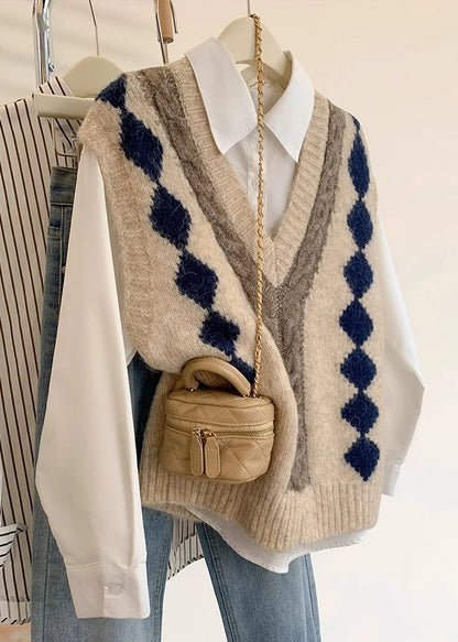 Art Khaki V Neck Plaid Cozy Knit Vest Sleeveless